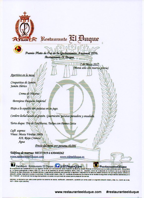 Día de la madre menú Restaurante El Duque Gijón